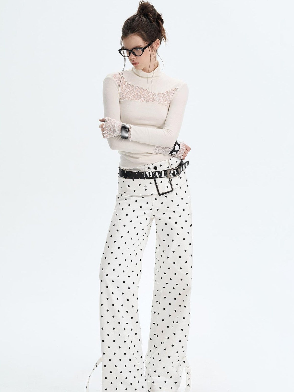 White Polka Dot V Waist Loose Fit Button Fly Women Denim Straight Leg Jeans