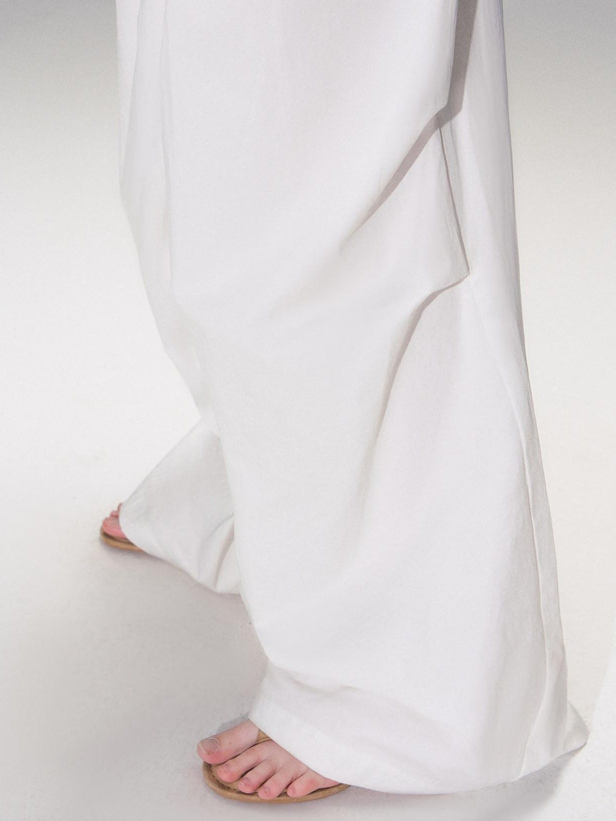 Cotton Blend Vintage Curved Cut Natural Waist Women White Wide Leg Pants