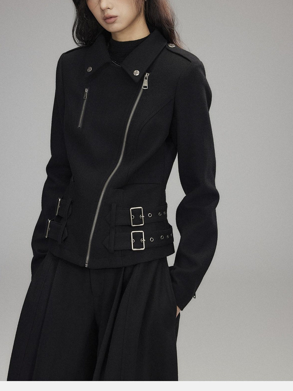 Wool Blend Thick Slim Fit Street Euro Zip Front Black Cropped Jackets