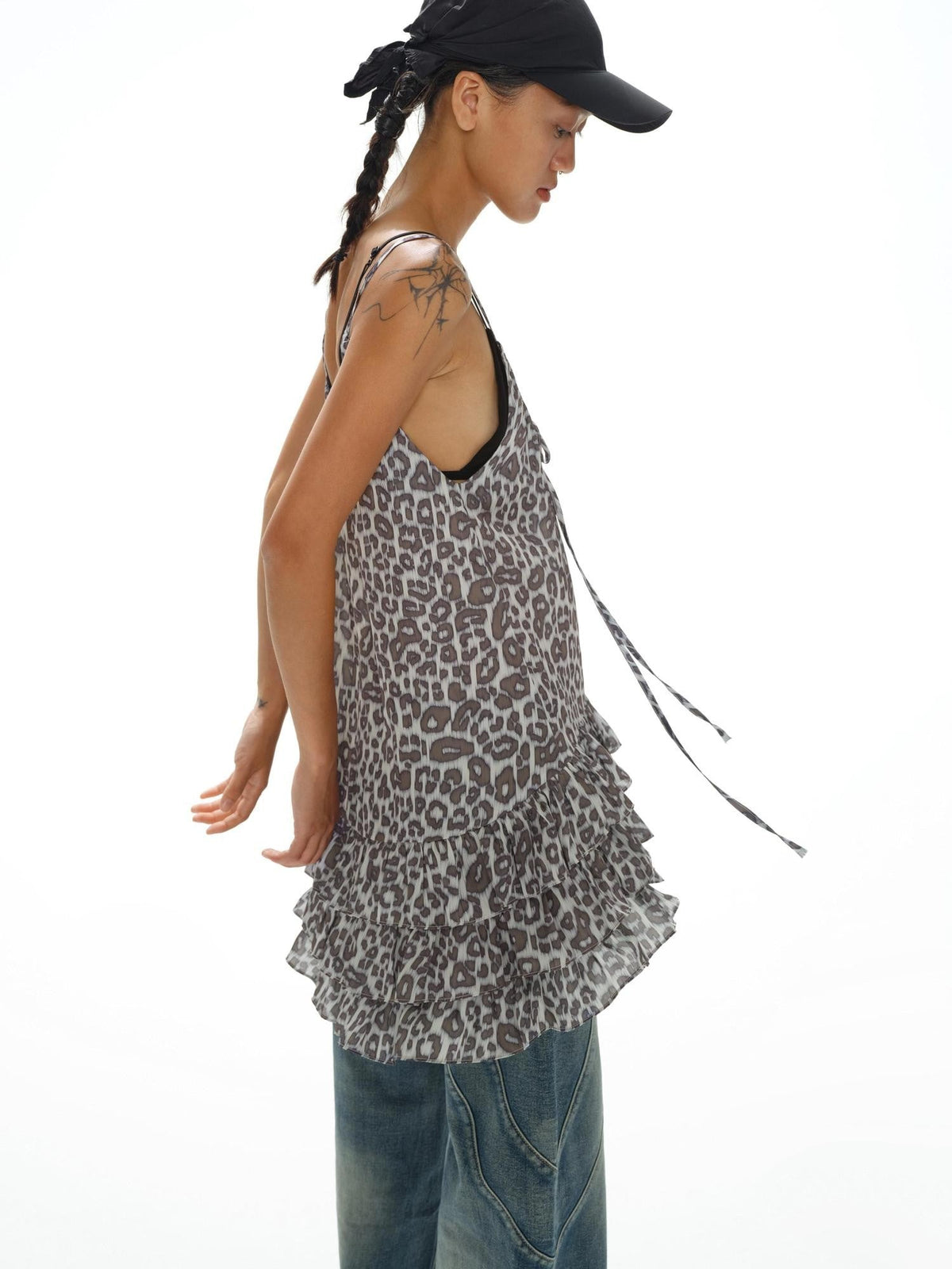 Leopard Print Ruffle Hem Adjustable Straps Women'S Polyester Slip Midi Dresses