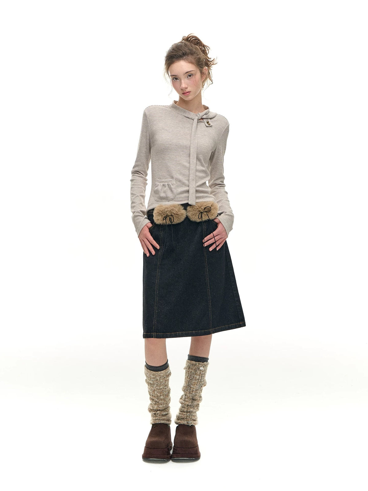 Romance Nanci Faux Fur Belt A-Line Denim Skirt