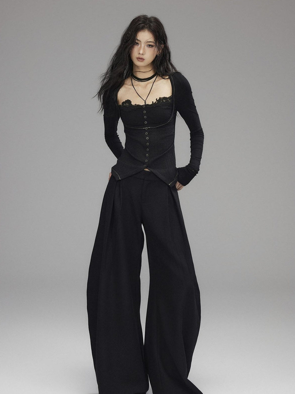 Black Wool Blend Low Rise Zipper Casual Straight Hem Women Wide Leg Pants