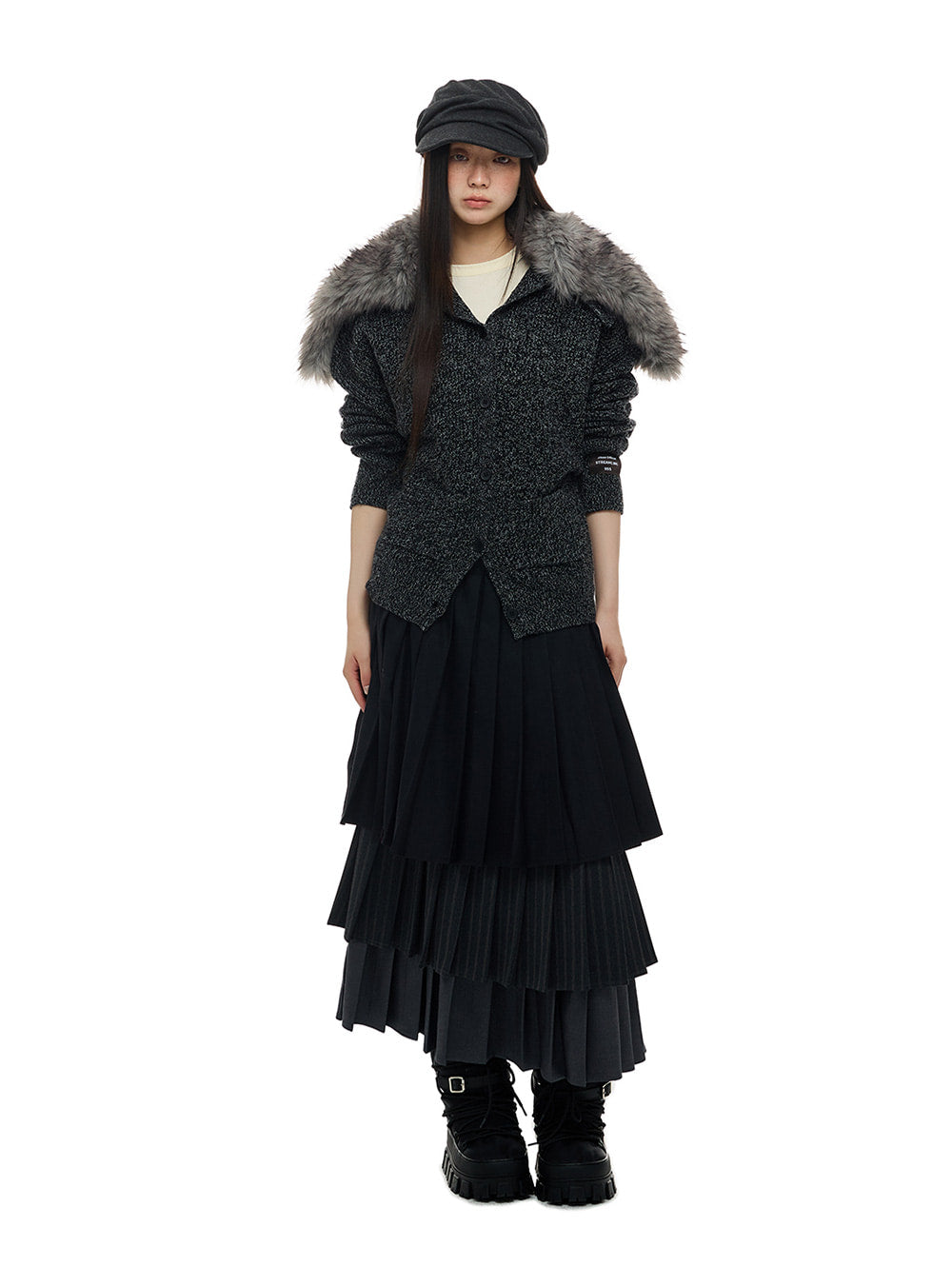 Charcoal Knit Fur-Collar Jacket