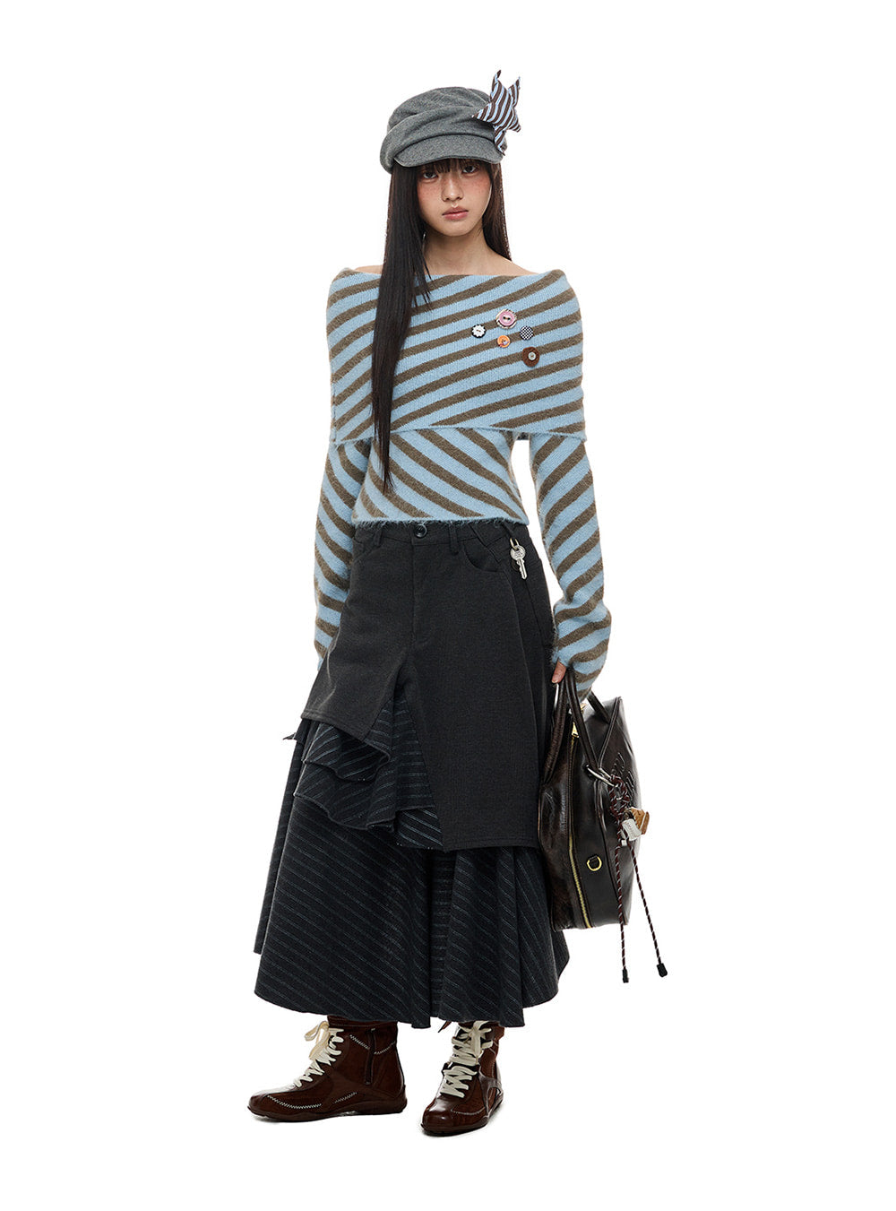 Blue Brown Stripe Off-Shoulder Knit Top
