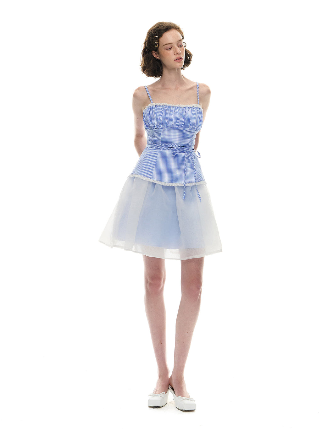 Romance Nanci Blue Check Layered Puff Dress