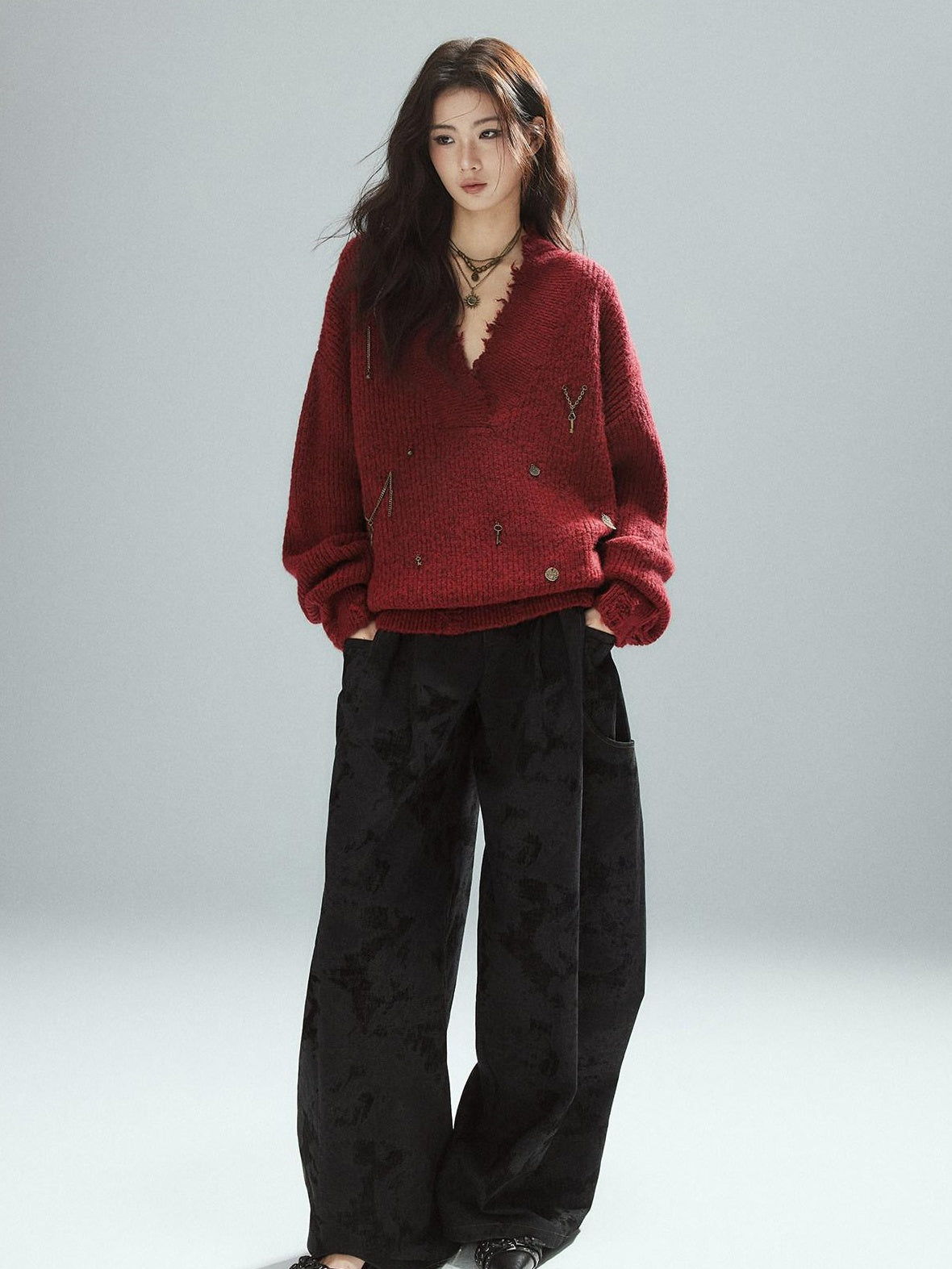 Warm Oversized Street Raw Hem Women V-neck Red Pullover Sweaters