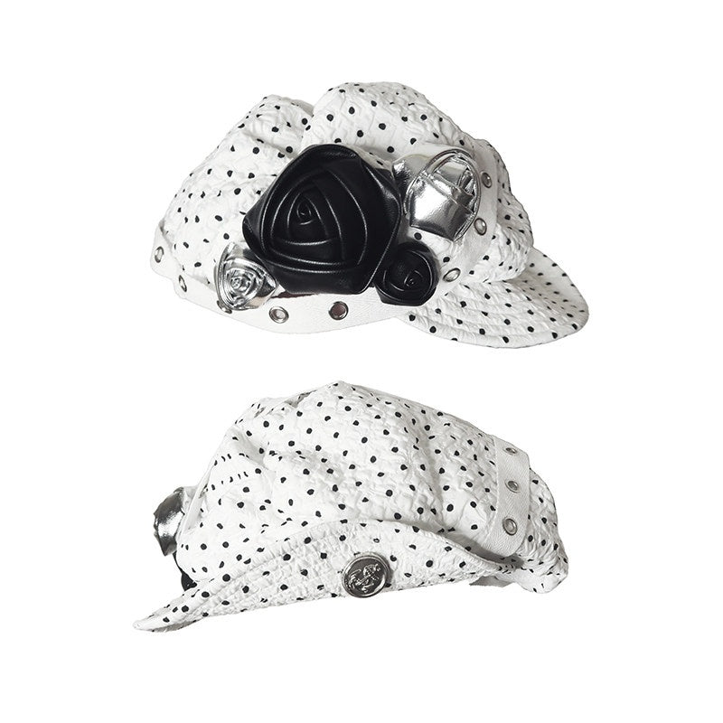 Handmade Bow Casual Short Brim Polka Dot Beret Women White Size M 56 Cm Hats