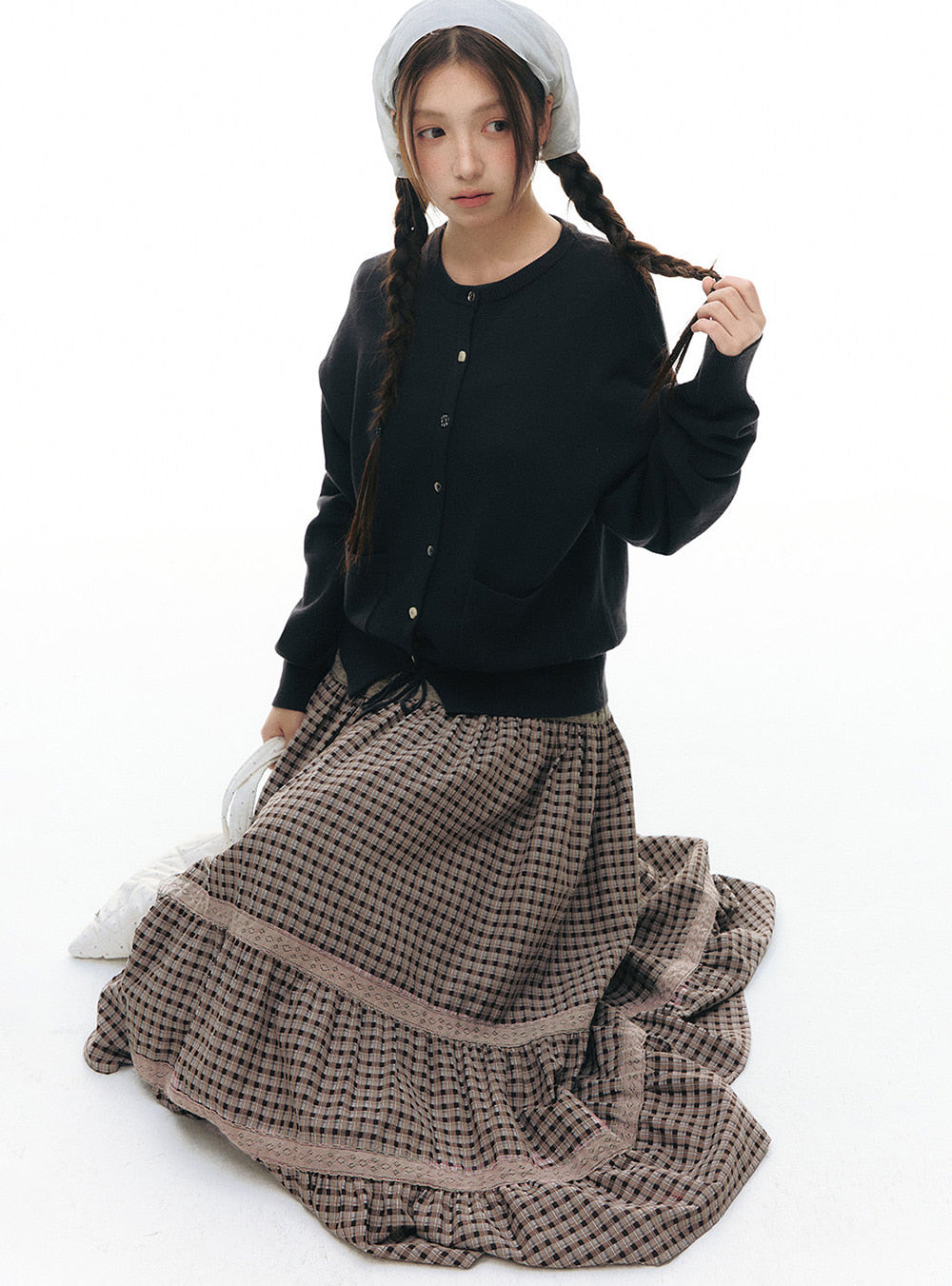 Vintage Lace Check Maxi Skirt (2color)