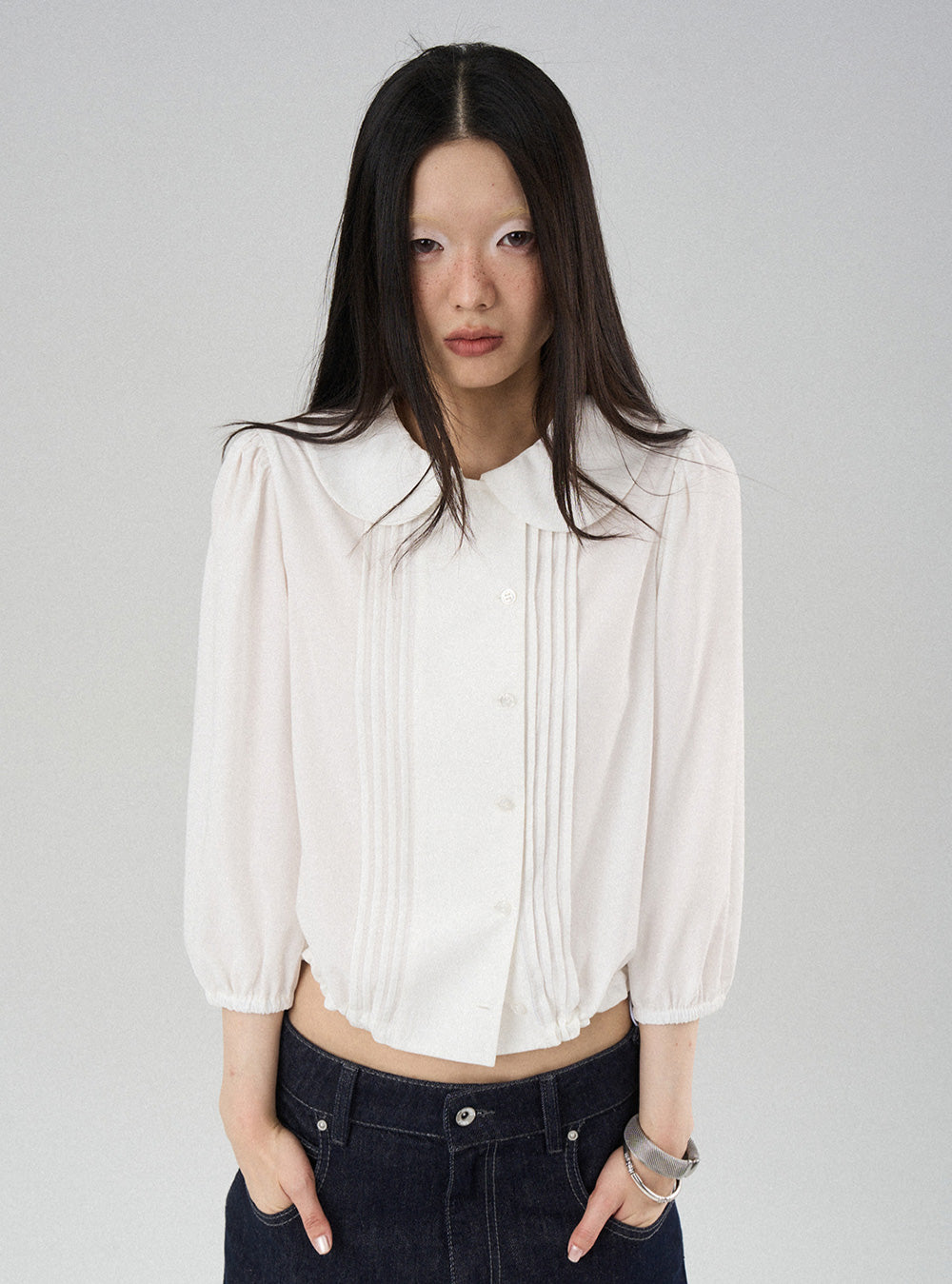 Crinkle Hem Crop Baby Doll Shirt (2color)