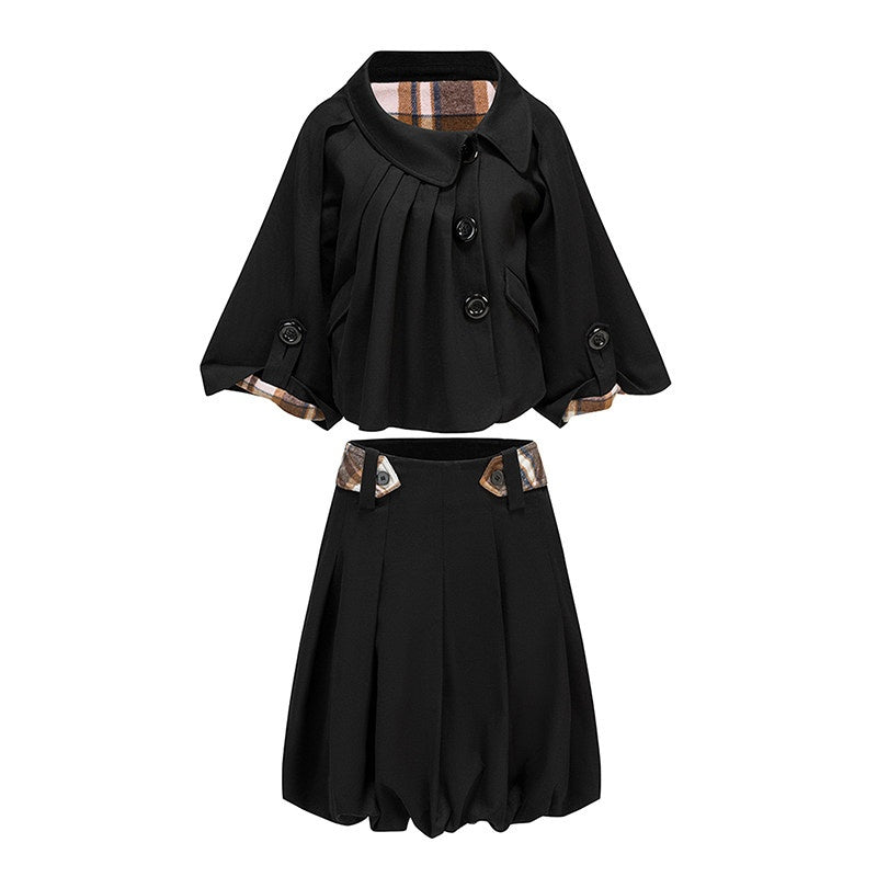 Pure Cotton Workwear Loose Peter Pan Collar Longsleeve Black Top & Skirt Sets