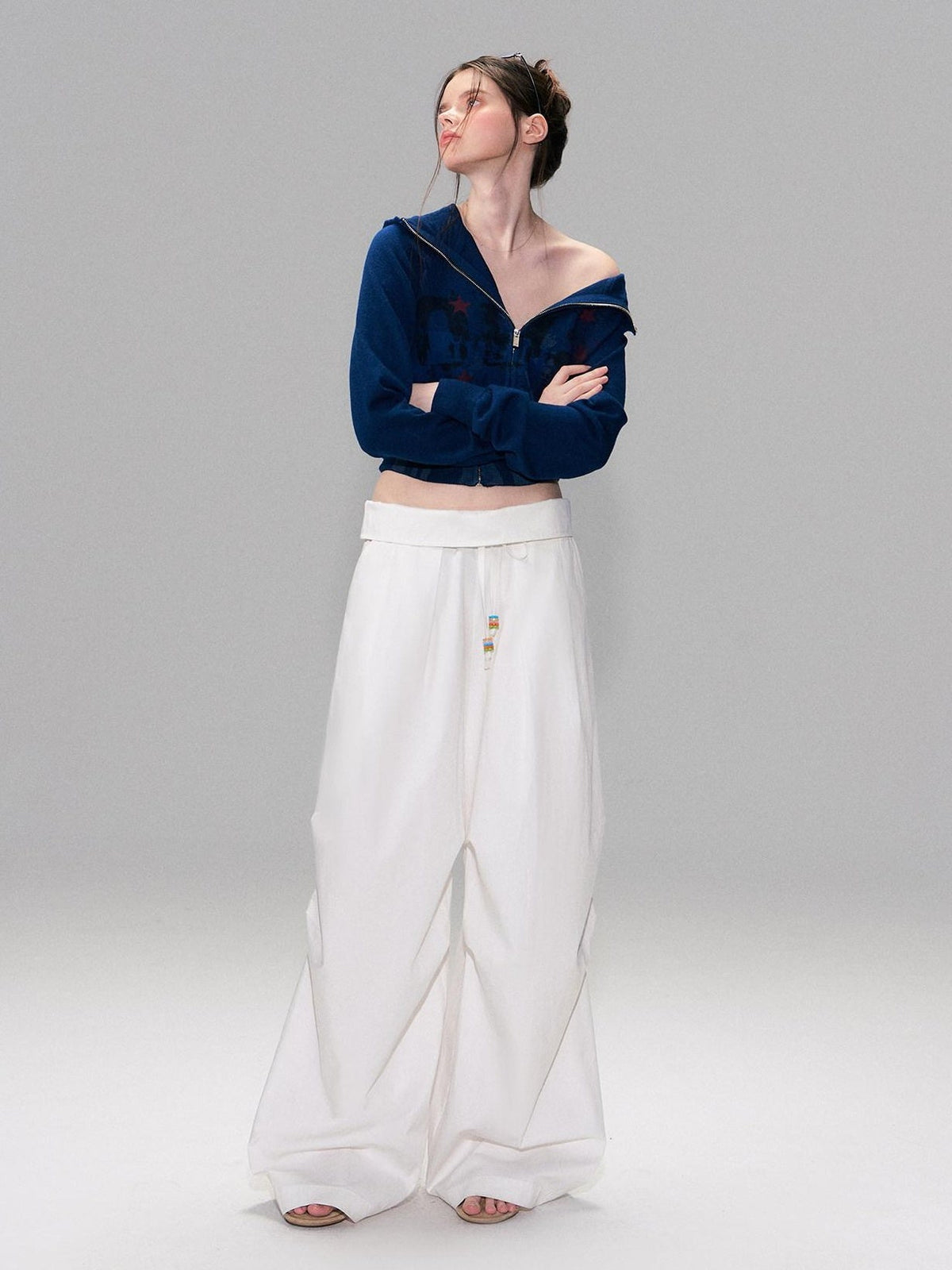 Cotton Blend Vintage Curved Cut Natural Waist Women White Wide Leg Pants