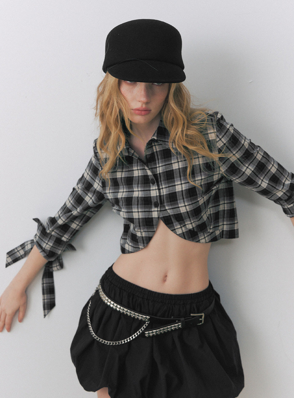 Plaid Tie-Sleeve Cropped Shirt