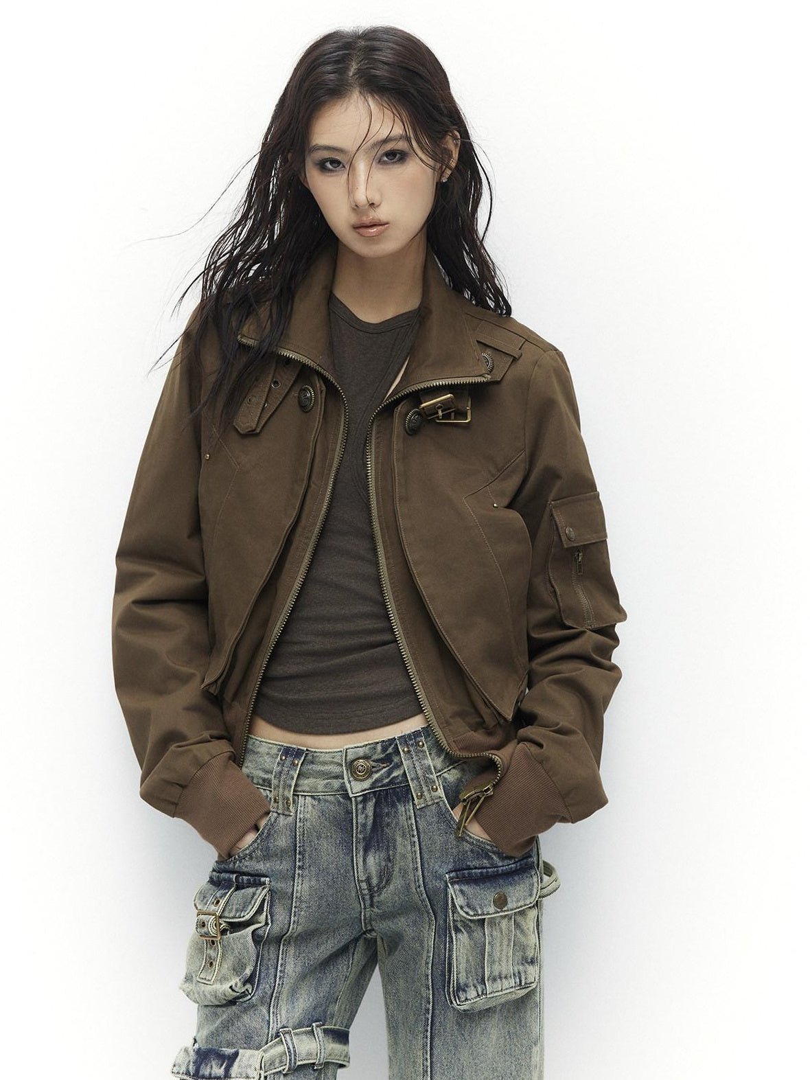 Slim Waist Dark Gothic Cotton Zip Stand Collar Long Sleeve Women Cropped Jackets