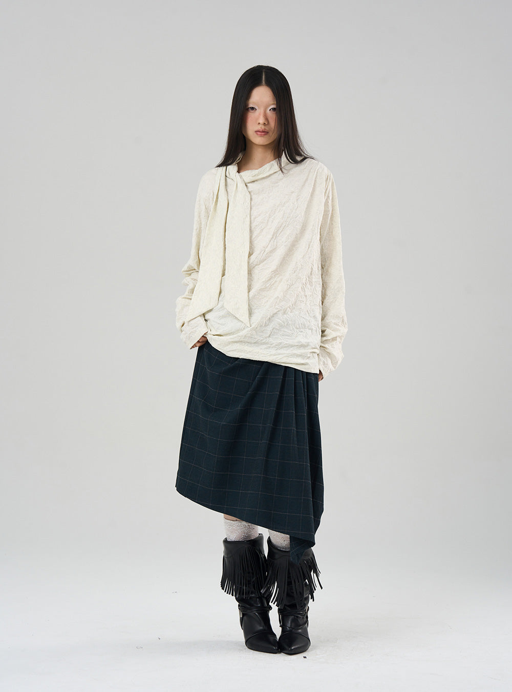 Tie-Neck Textured Loose Knit Top (3color)
