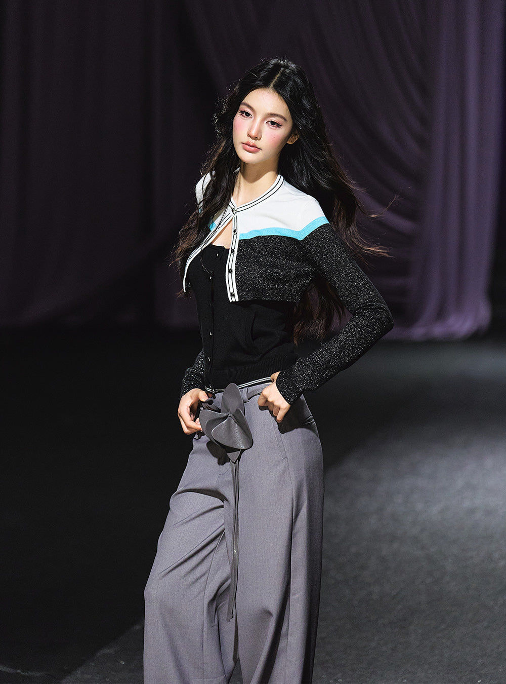 Color Block Knit Cardigan & Top Set Up (2piece)