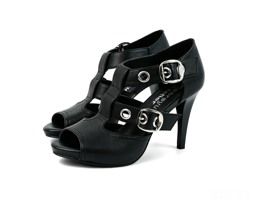 Double Buckle Peep Toe Heels Black