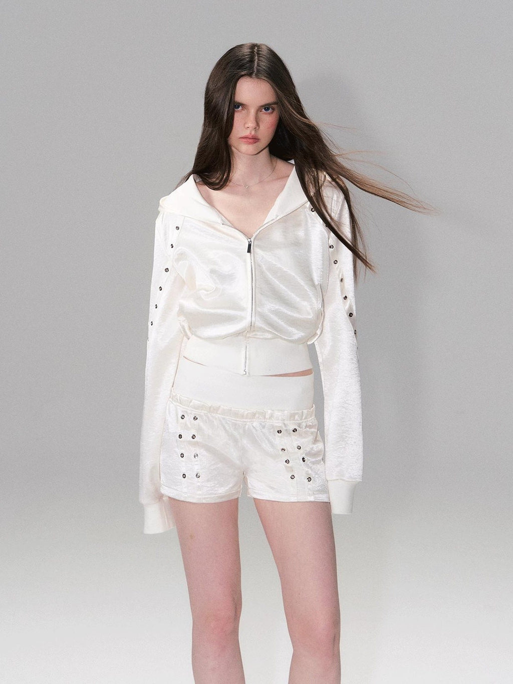 Cozy Cropped Two Piece Set Long Sleeve High Waist Shorts Women Solid Hoodie