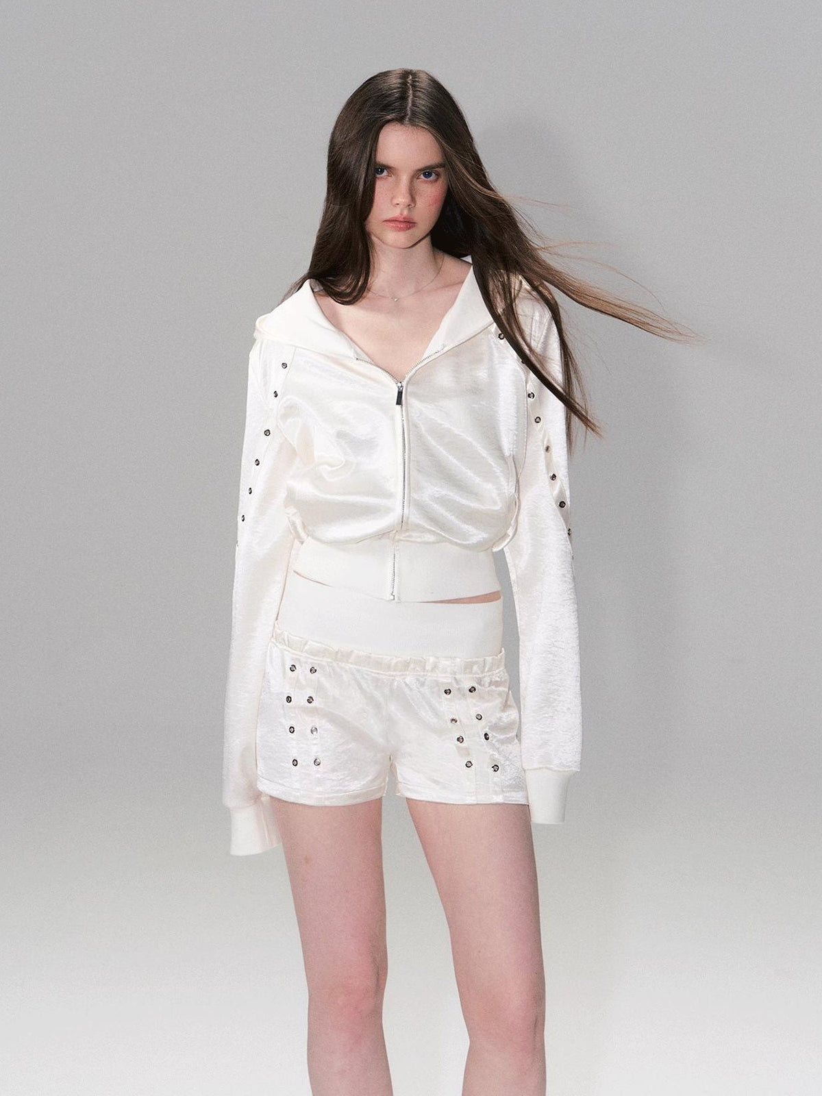 Cozy Cropped Two Piece Set Long Sleeve High Waist Shorts Women Solid Hoodie