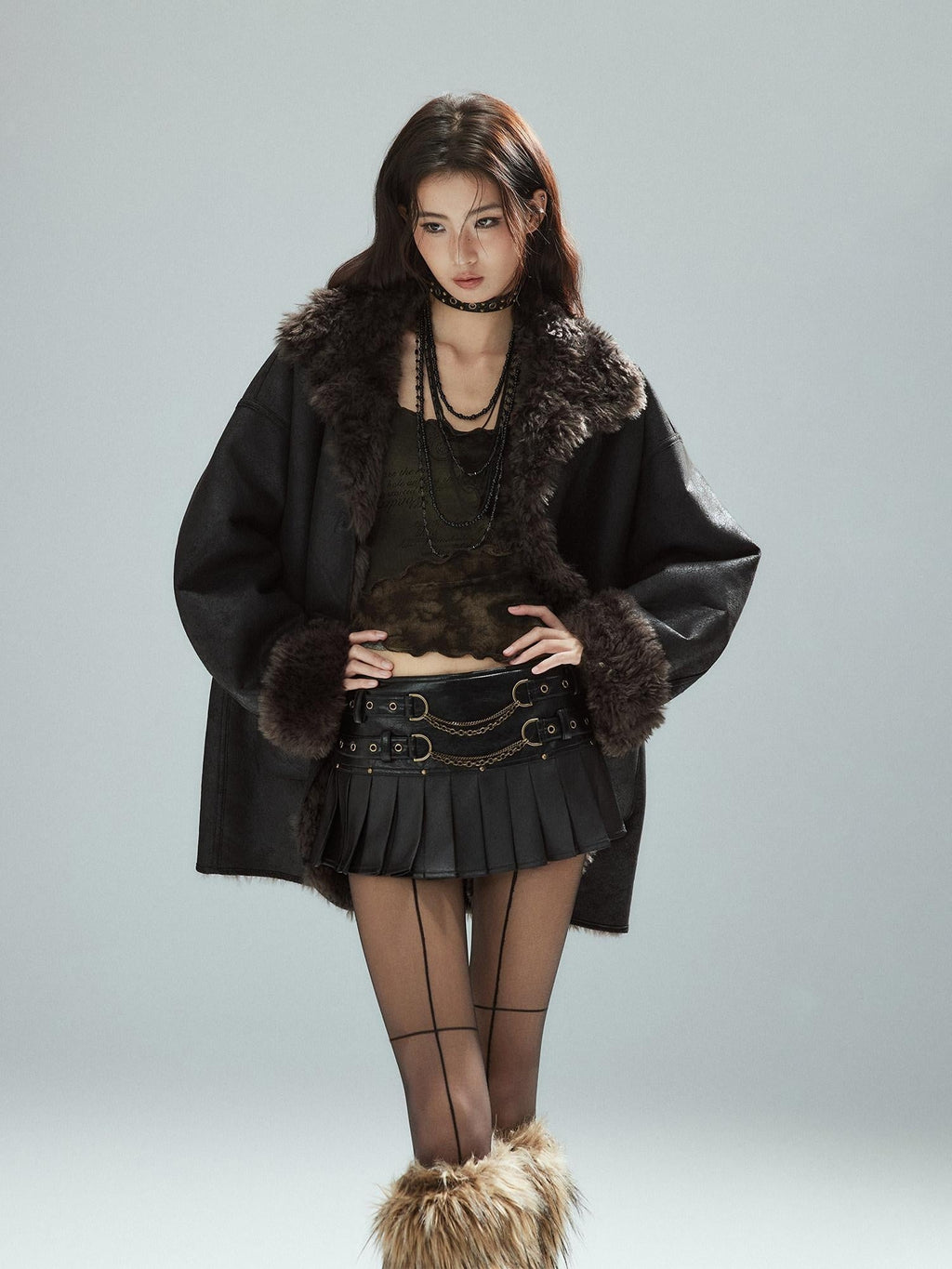 Low Waist Pleated A Line Street Patchwork Chain Zipper Lined Black Mini Skirts