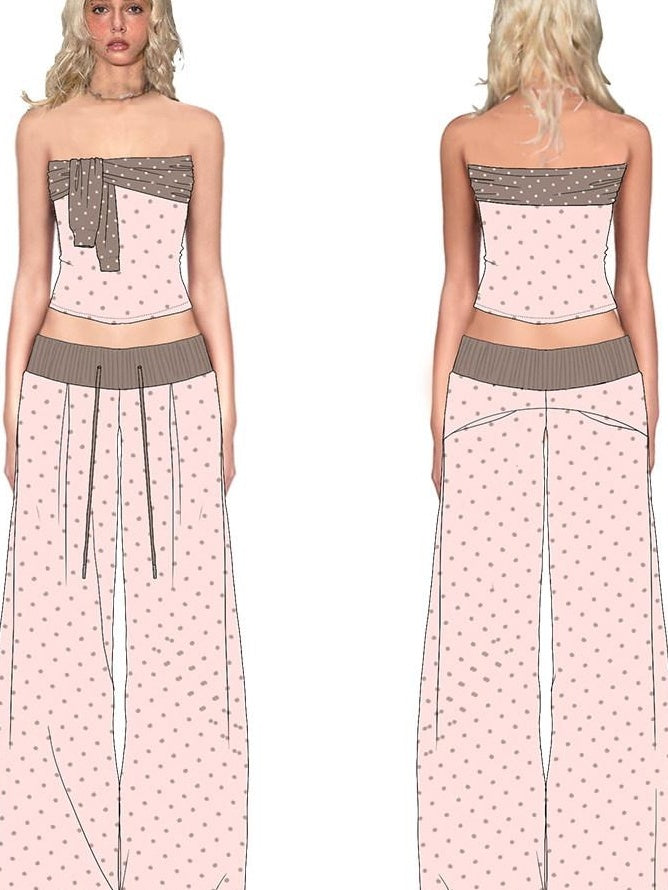 Polka Dot Cotton Two Piece Colorblock Sexy High Waist Pants Tube Tops