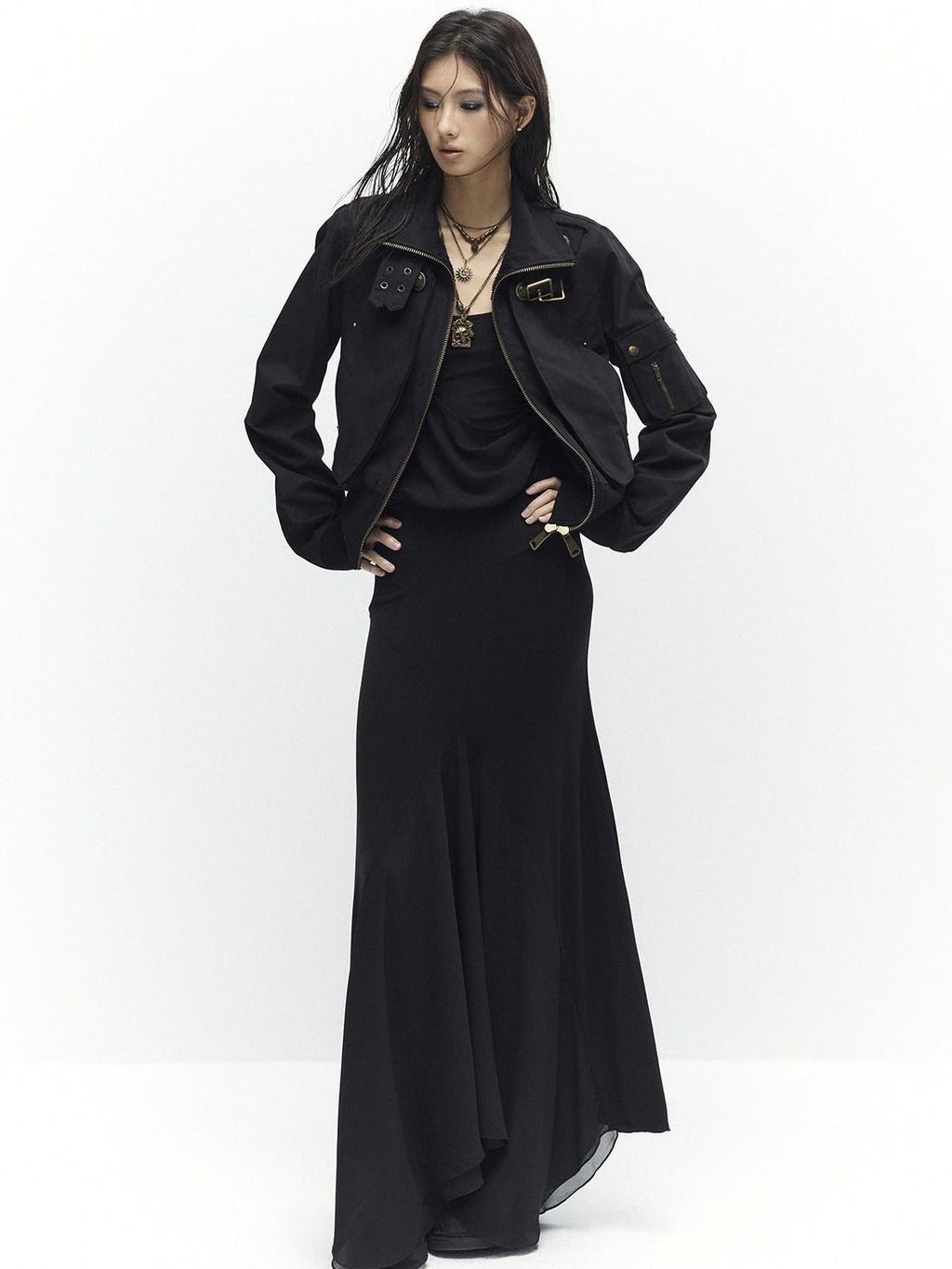 Slim Waist Dark Gothic Cotton Zip Stand Collar Long Sleeve Women Cropped Jackets