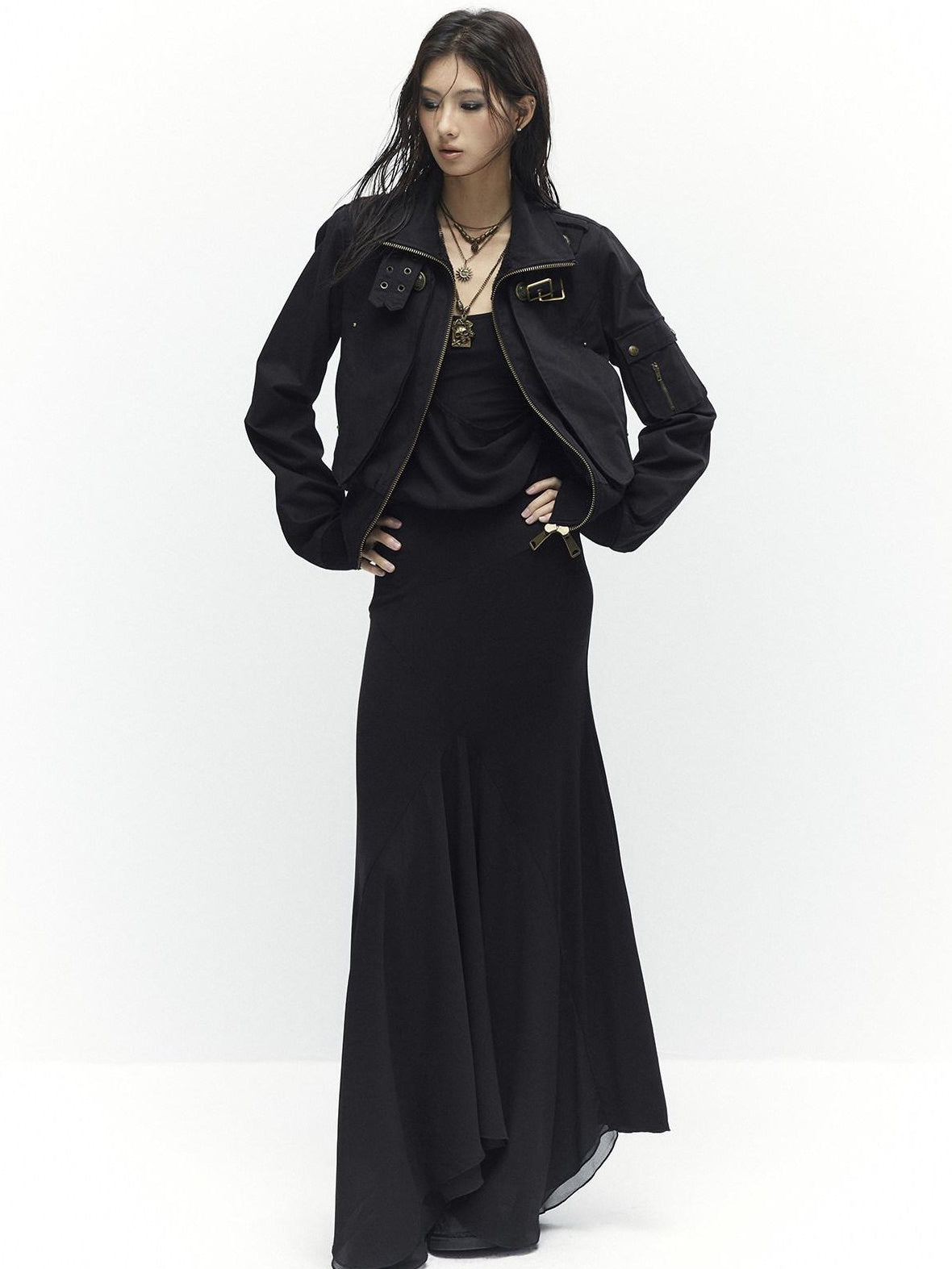 Slim Waist Dark Gothic Cotton Zip Stand Collar Long Sleeve Women Cropped Jackets