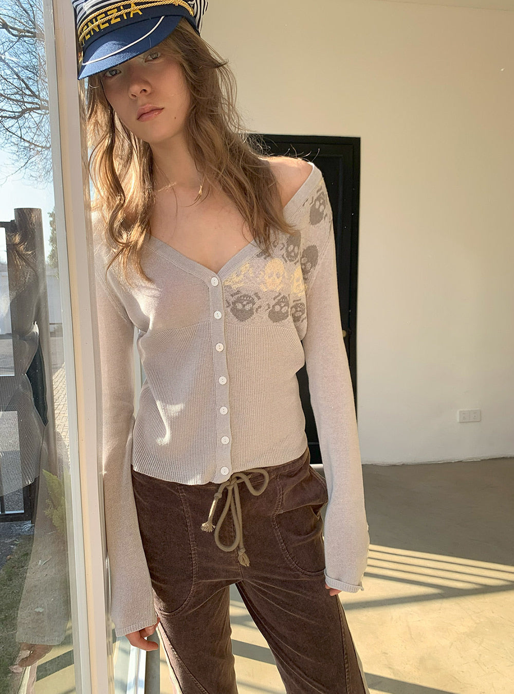 Muted Grey Skull Jacquard Cardigan