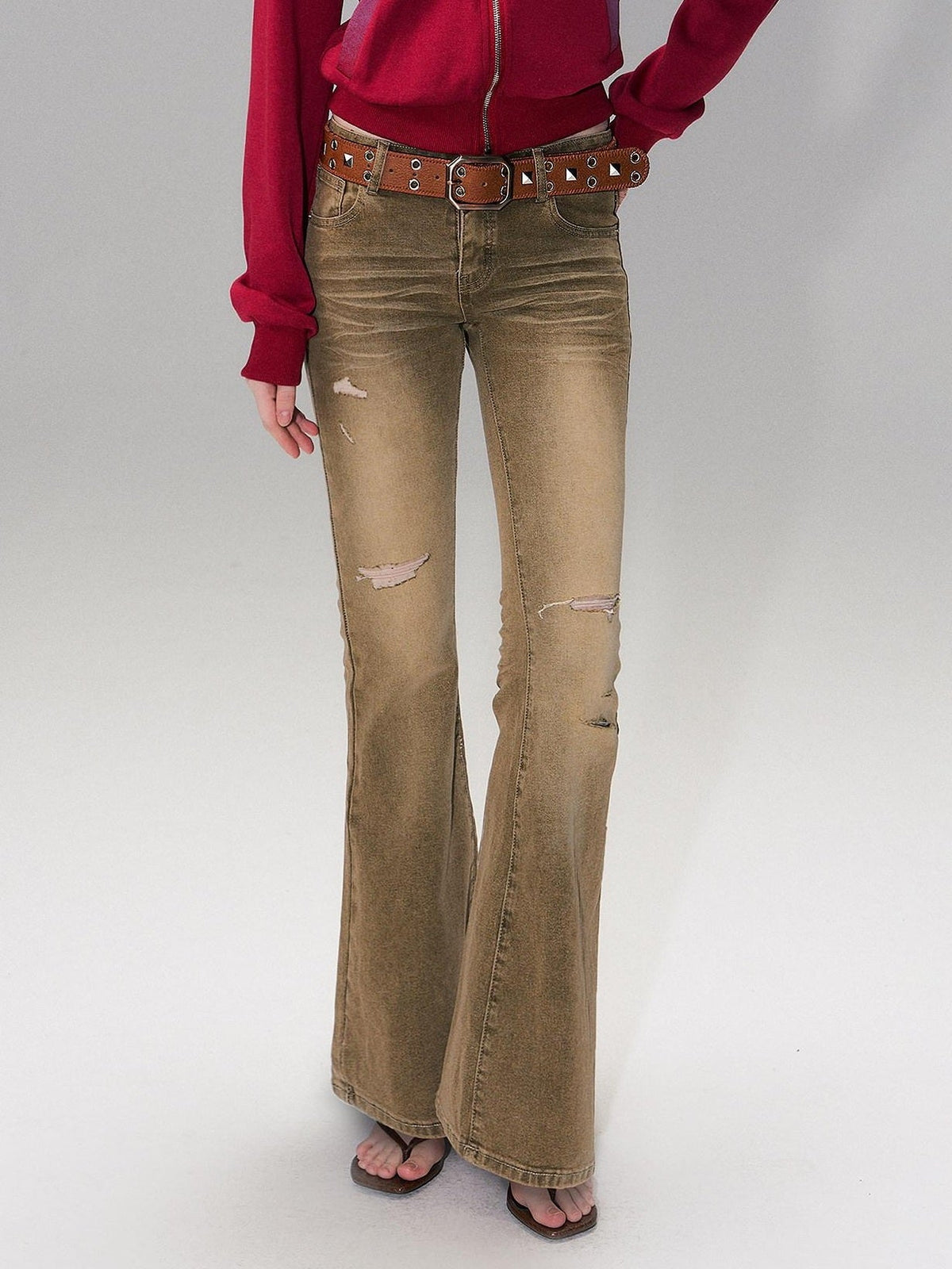 Brown Washed Low Rise Ripped Sexy Slim Fit Cotton Slight Stretch Womens Jeans