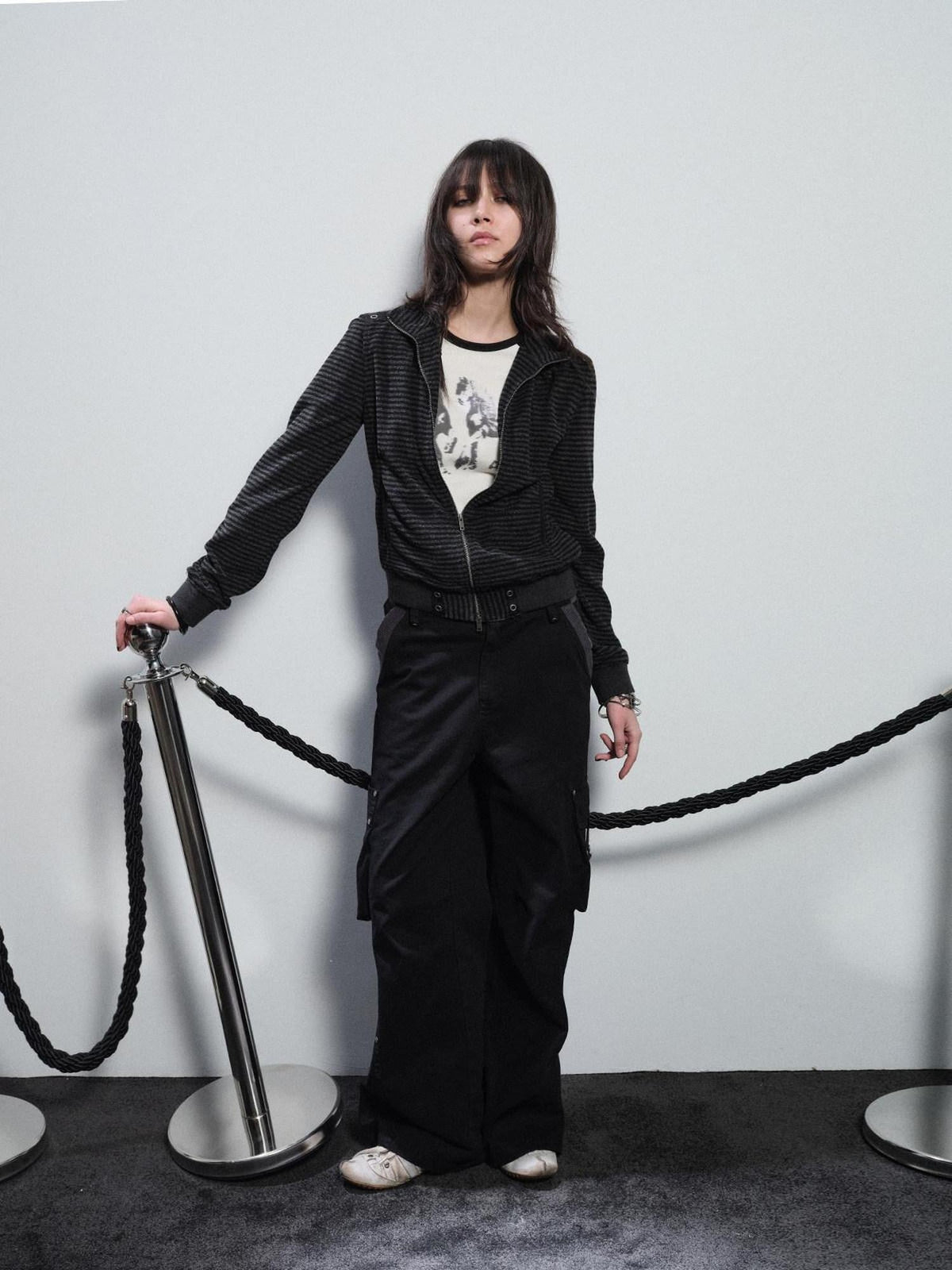 Black Gray Striped Eyelet Tape Splice Punk Women'S Polyester Casual Jackets