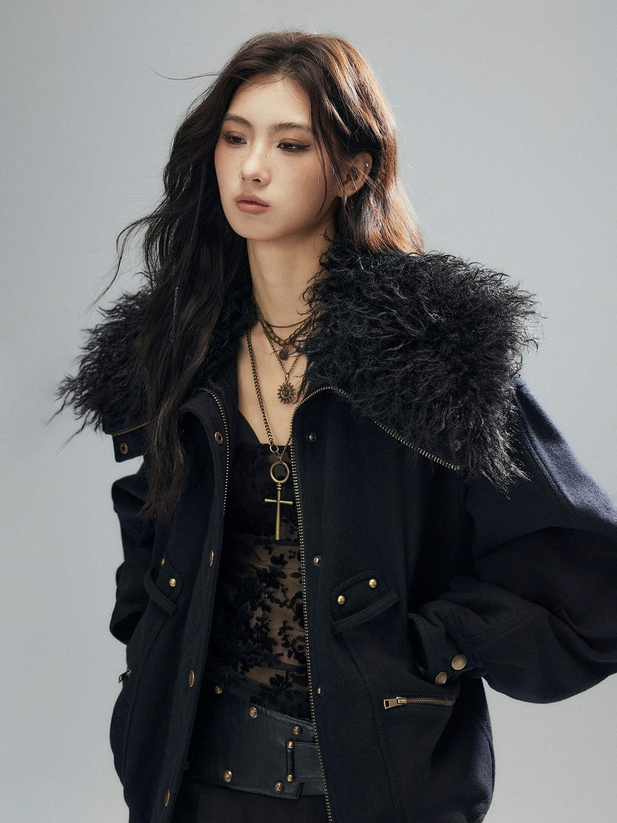 Thick Wool Blend Multi Pocket Loose Fit Sexy Girl Black Zipper Cropped Jackets