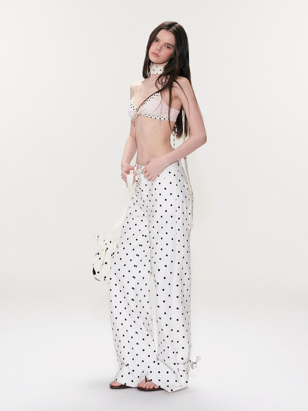 White Polka Dot V Waist Loose Fit Button Fly Women Denim Straight Leg Jeans
