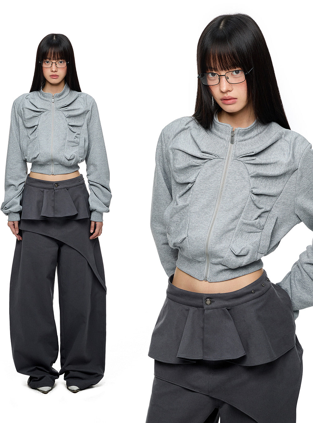 Asymmetrical Shirred Zip-Up Sweatshirt
