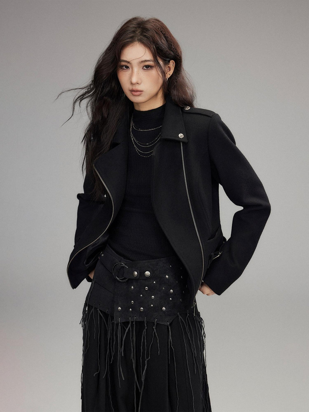Wool Blend Thick Slim Fit Street Euro Zip Front Black Cropped Jackets