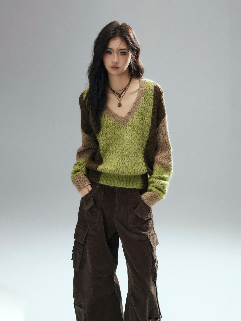 Thick Sheep Wool Patchwork Streetwear Loose Fit V-neck Pullover Youth Sweaters