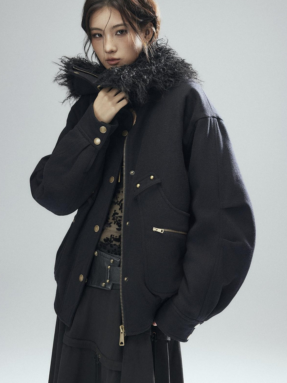 Thick Wool Blend Multi Pocket Loose Fit Sexy Girl Black Zipper Cropped Jackets