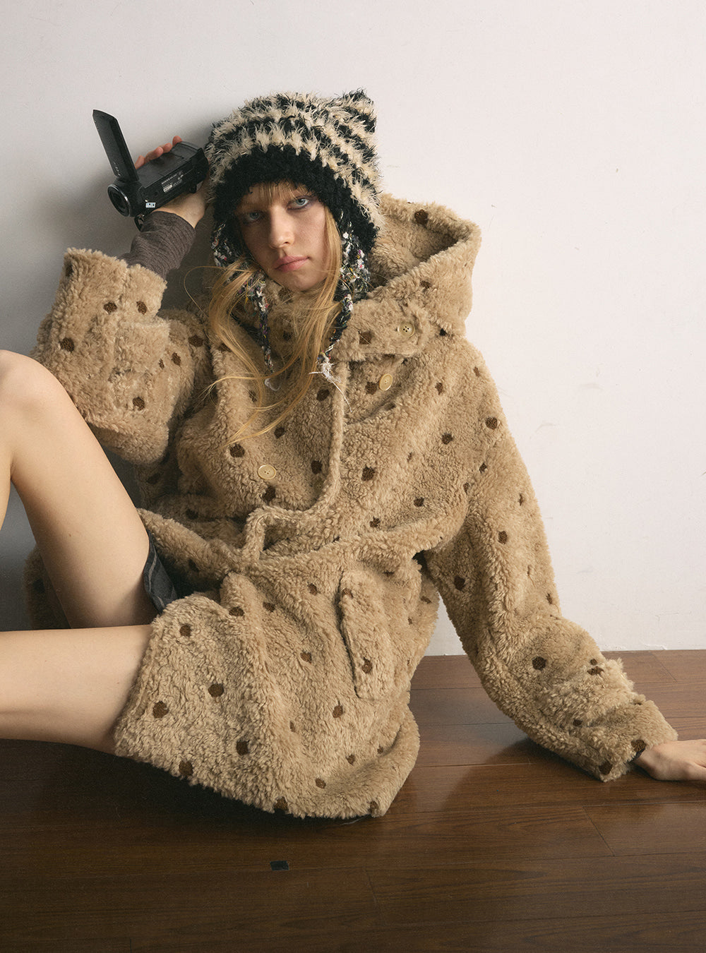Brown Dot Fleece Hooded Coat