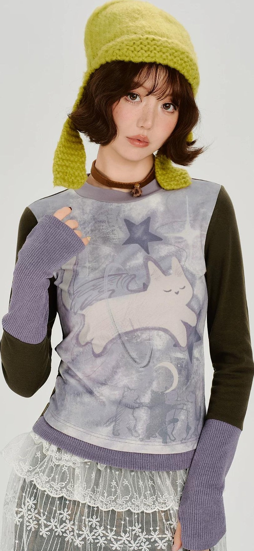 Girlyhalo |  RETRO CARTOON SPLICED LONG SLEEVE T-SHIRT【ID:TN00014】