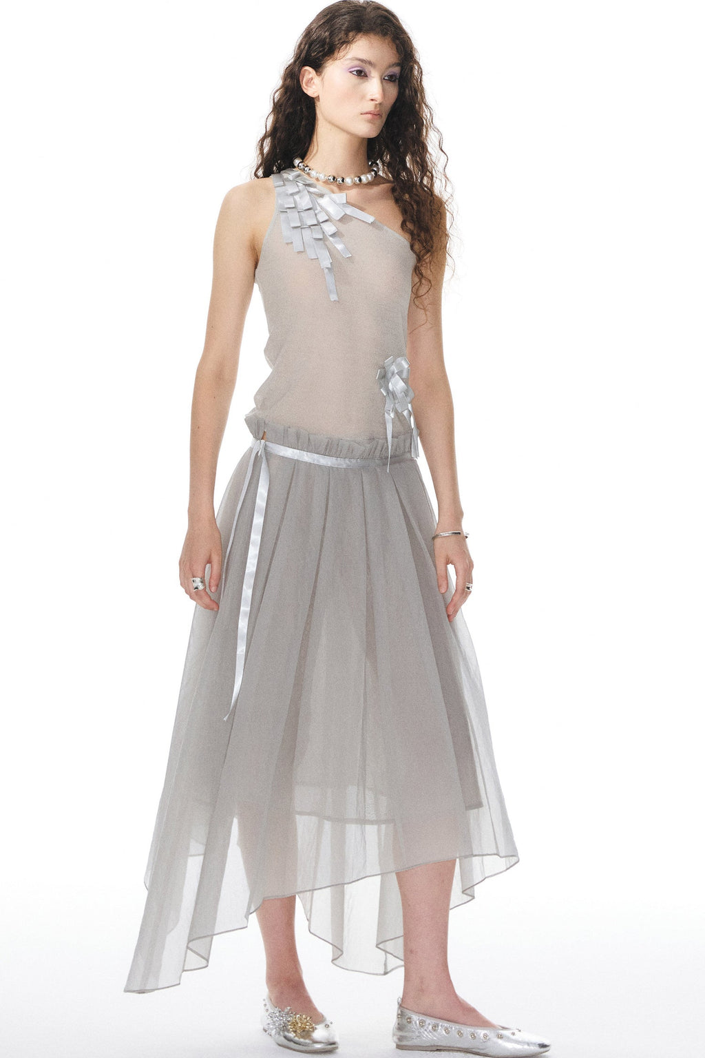 Satin Ribbon Knit Vest & Pleated Skirt Set