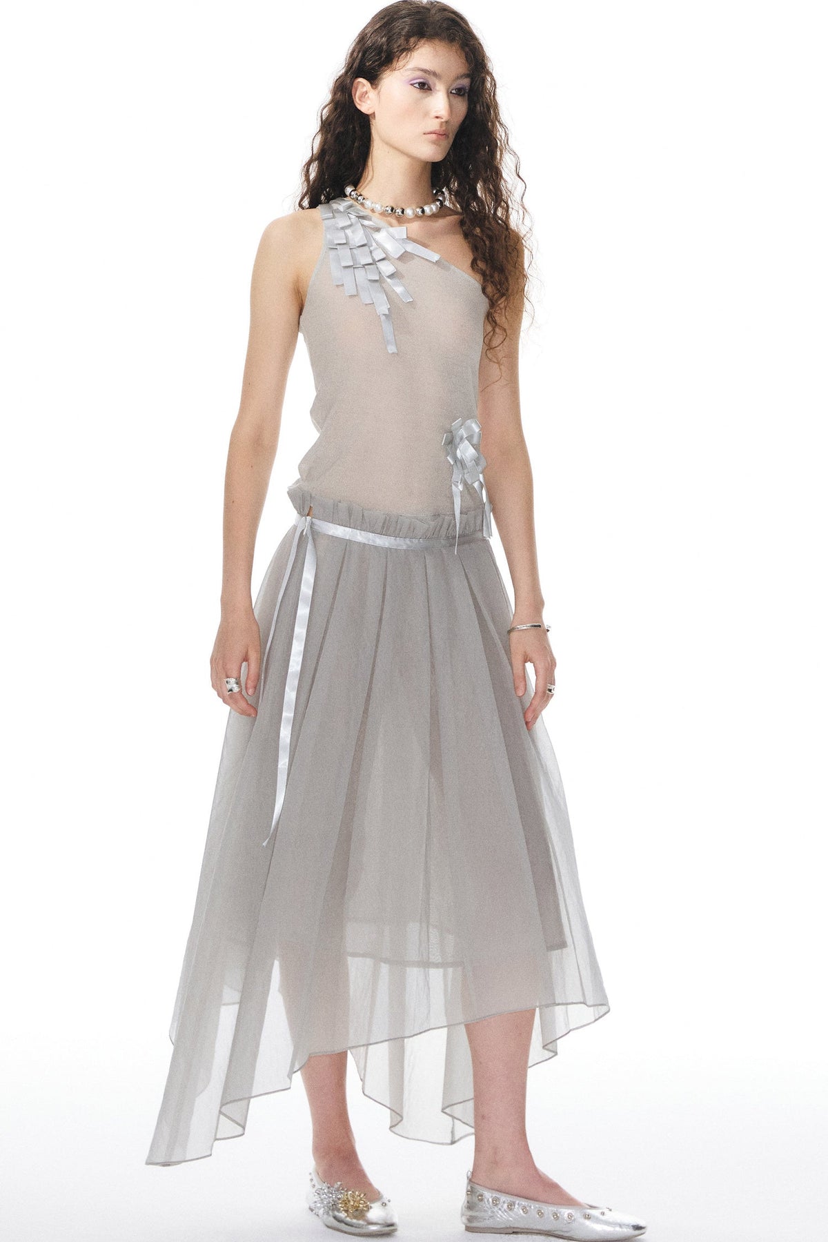 Satin Ribbon Knit Vest & Pleated Skirt Set