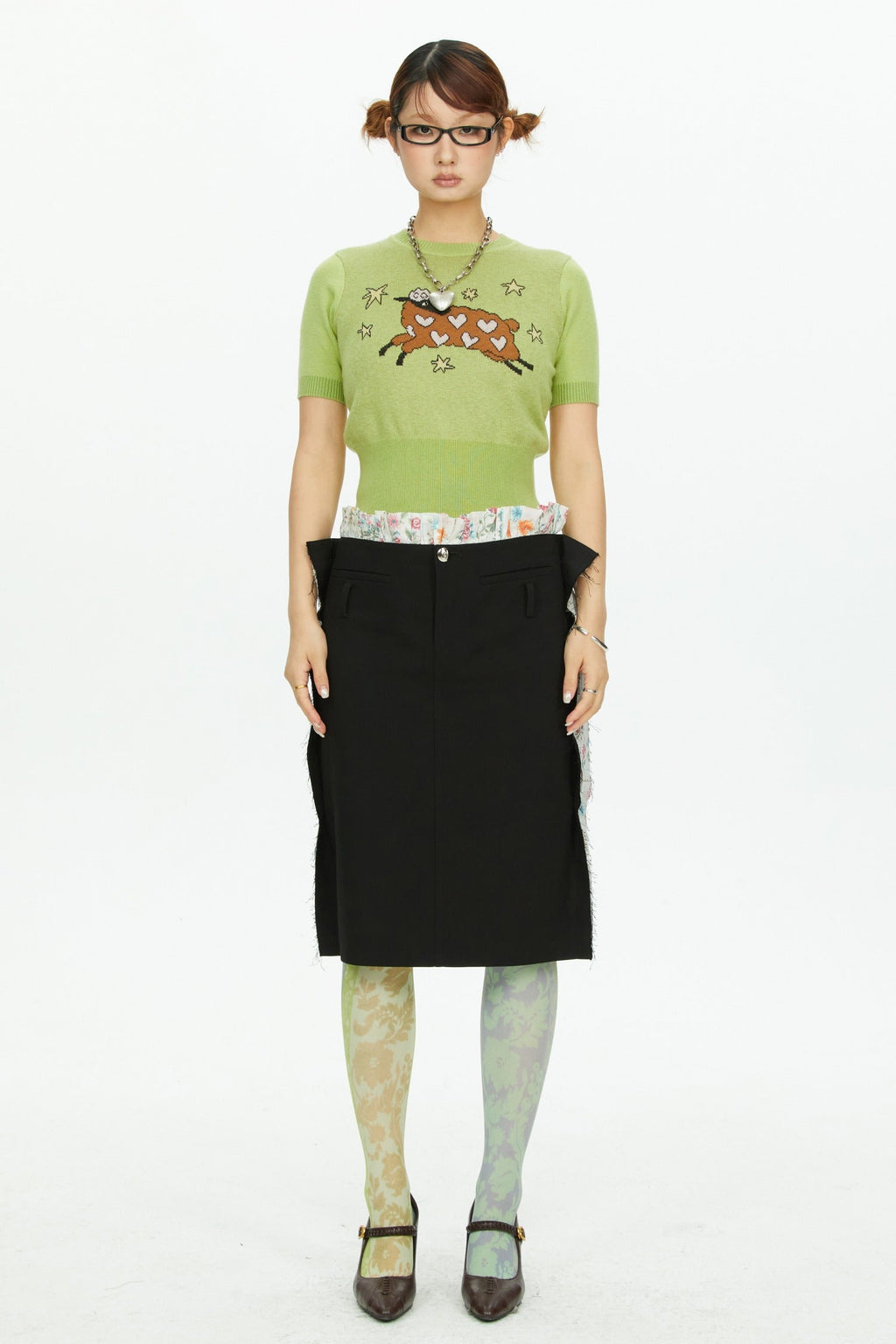 Black Floral Patchwork Wavy Skirt