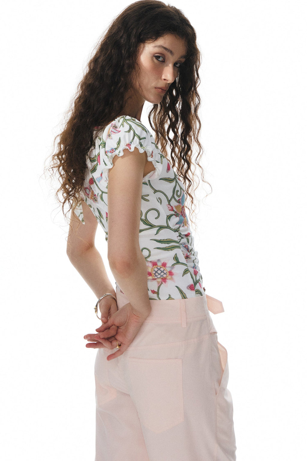 Asymmetrical Floral Ribbon Top