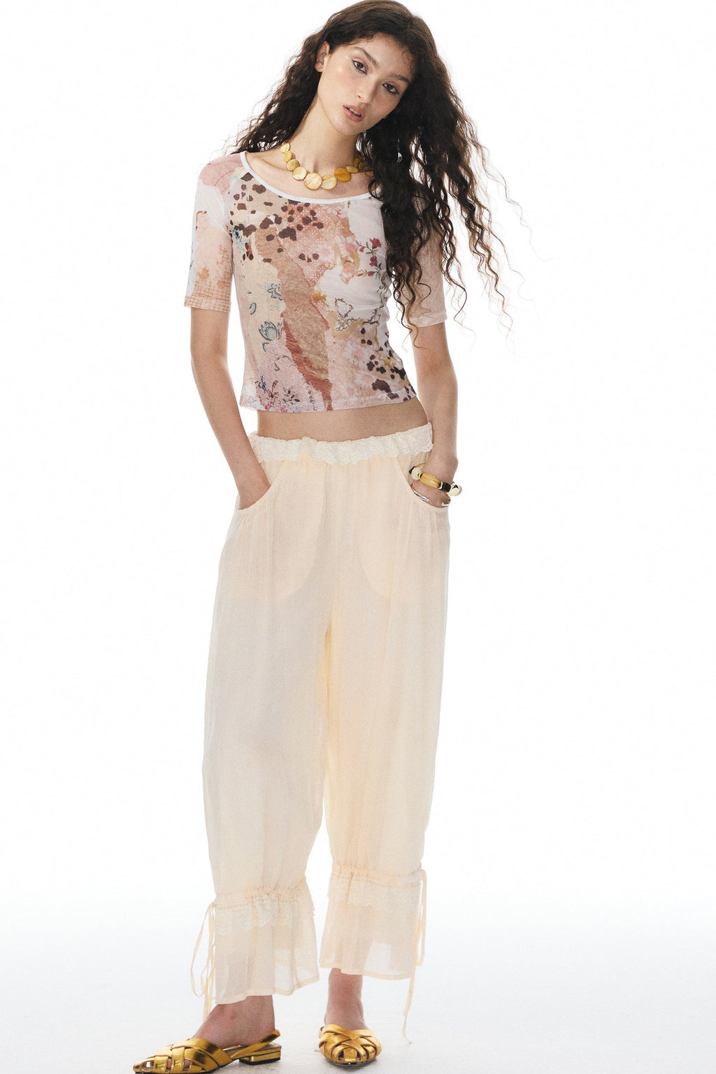 Beige Lace Lantern Pants