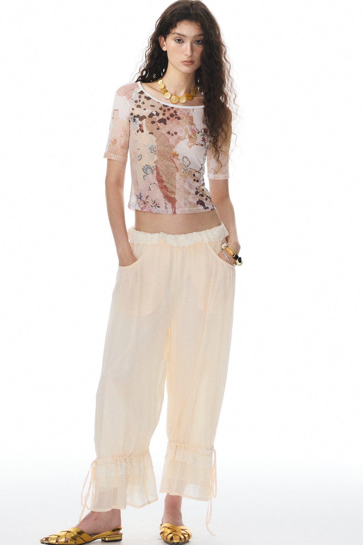 Beige Lace Lantern Pants