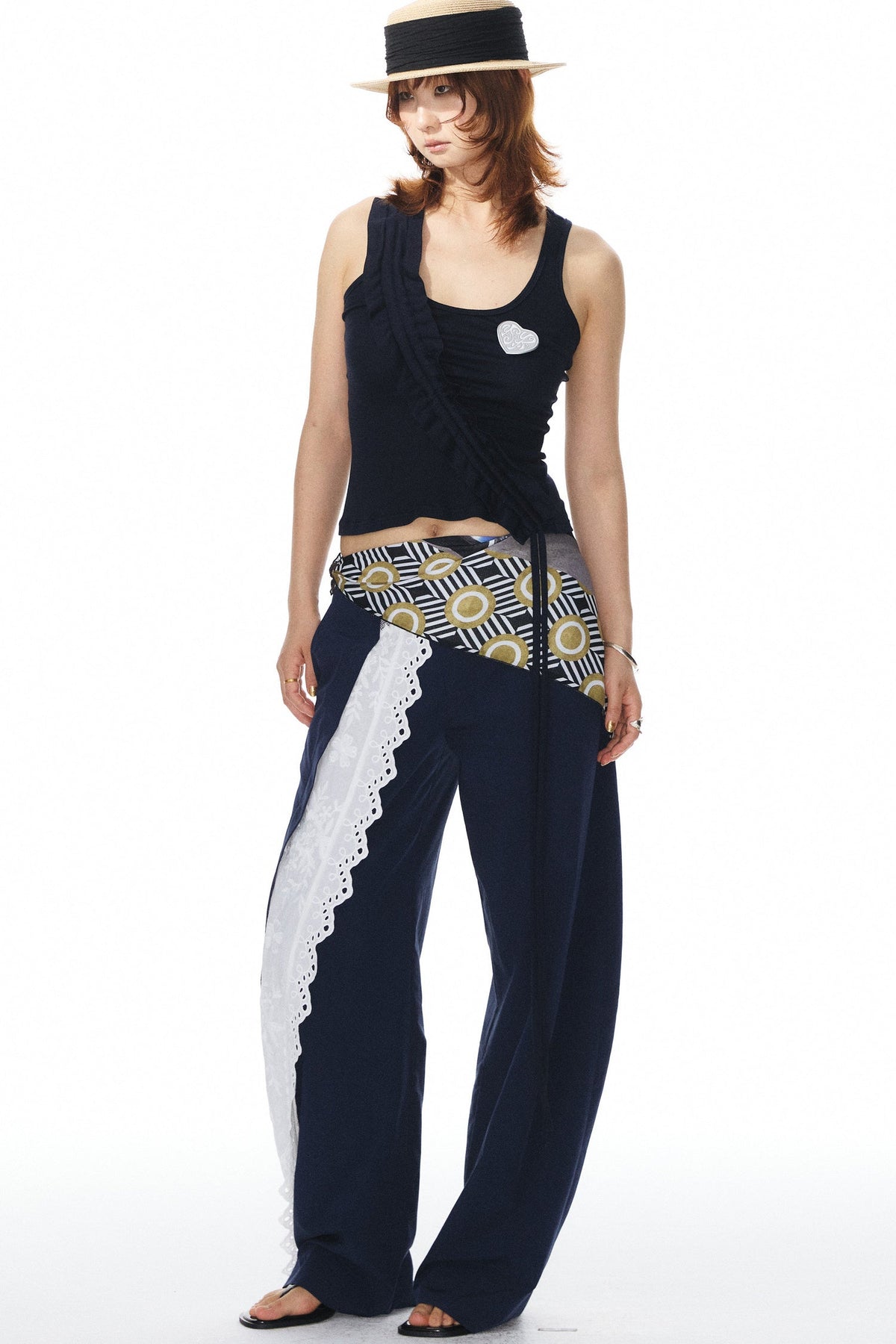 Navy Lace Trim Pants