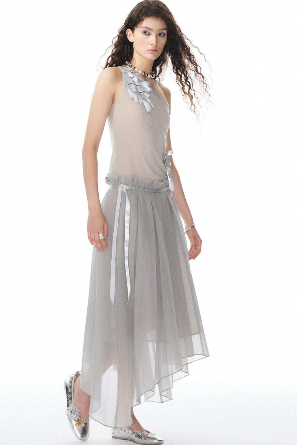 Satin Ribbon Knit Vest & Pleated Skirt Set