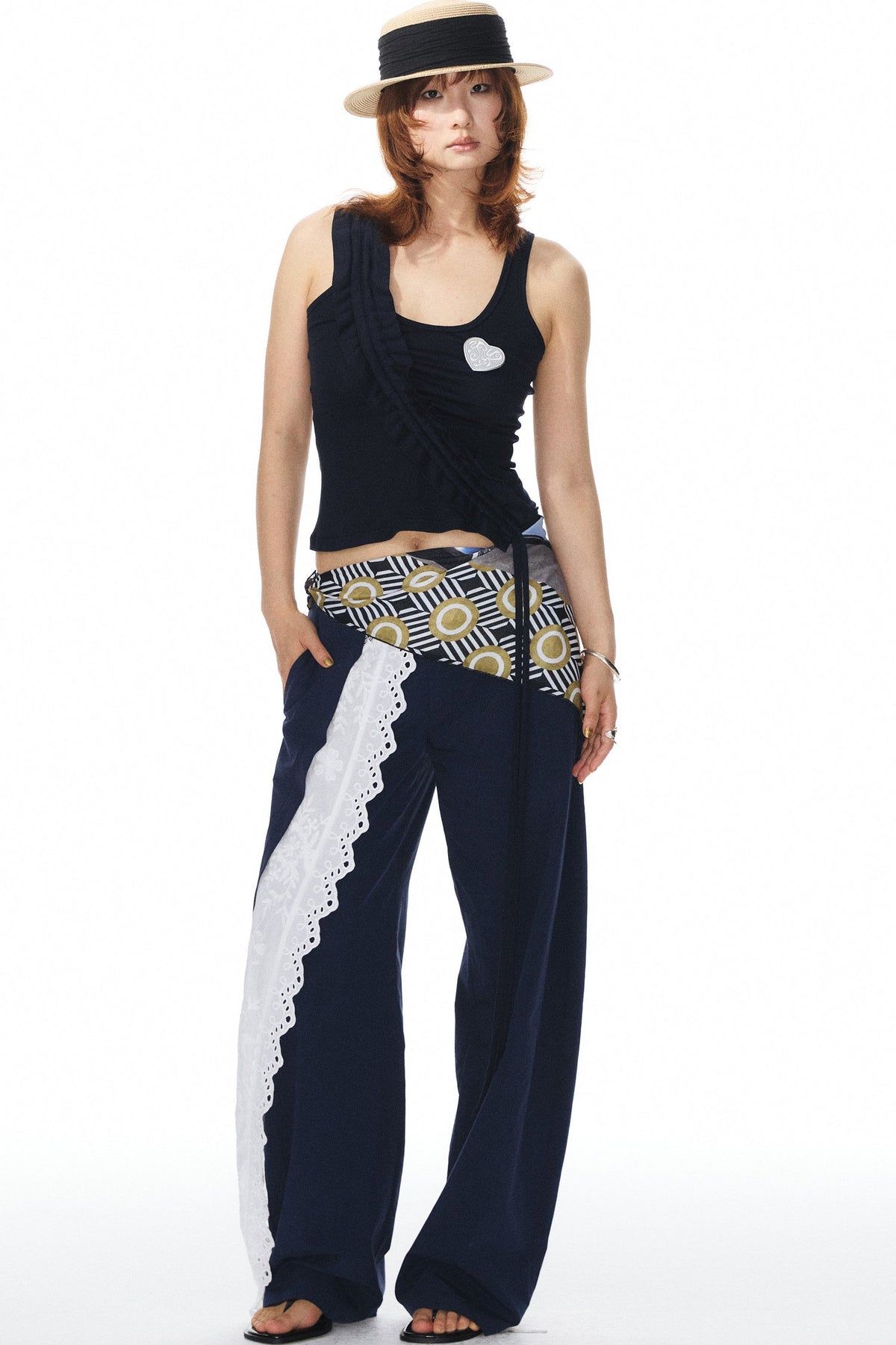 Navy Lace Trim Pants