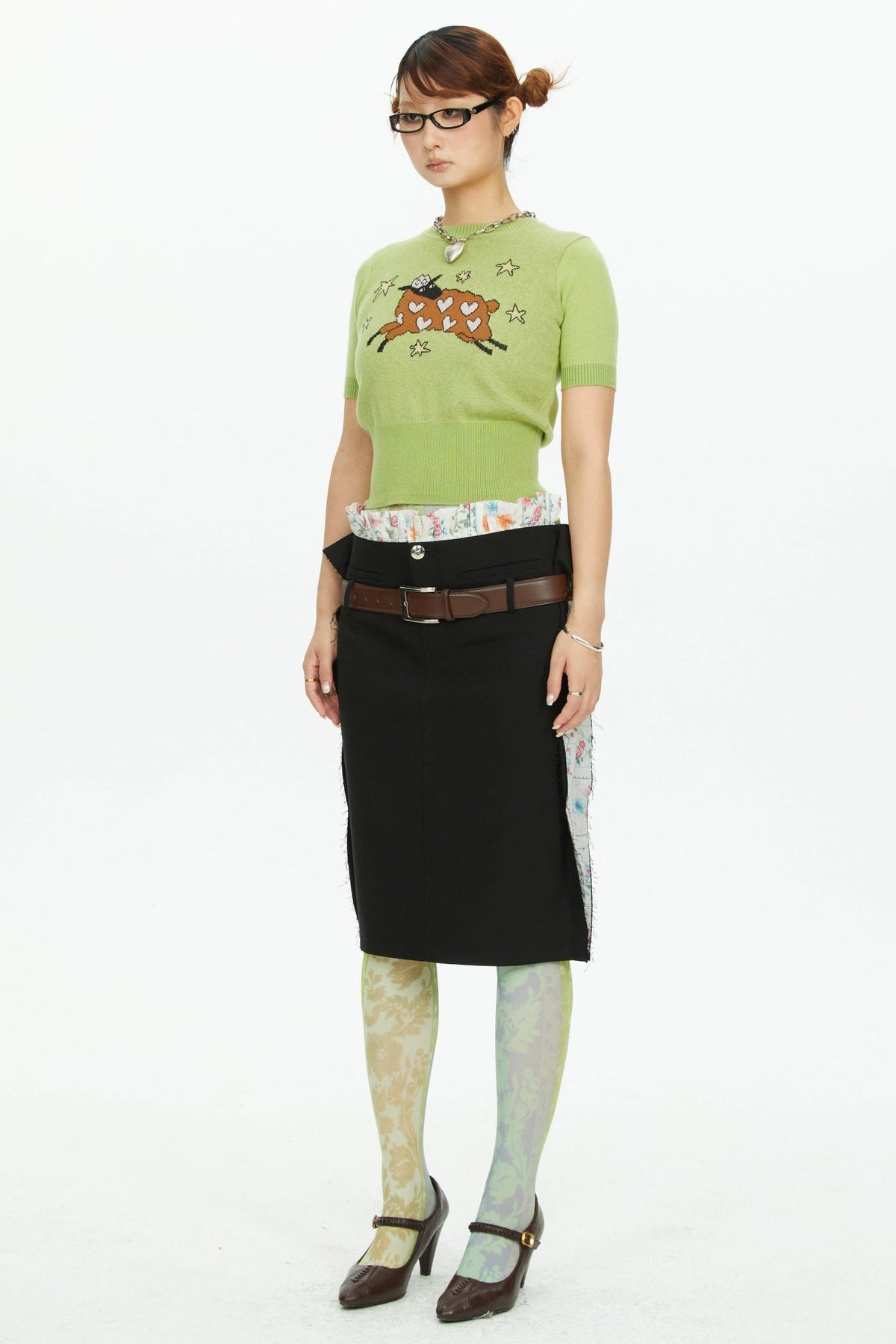 Black Floral Patchwork Wavy Skirt