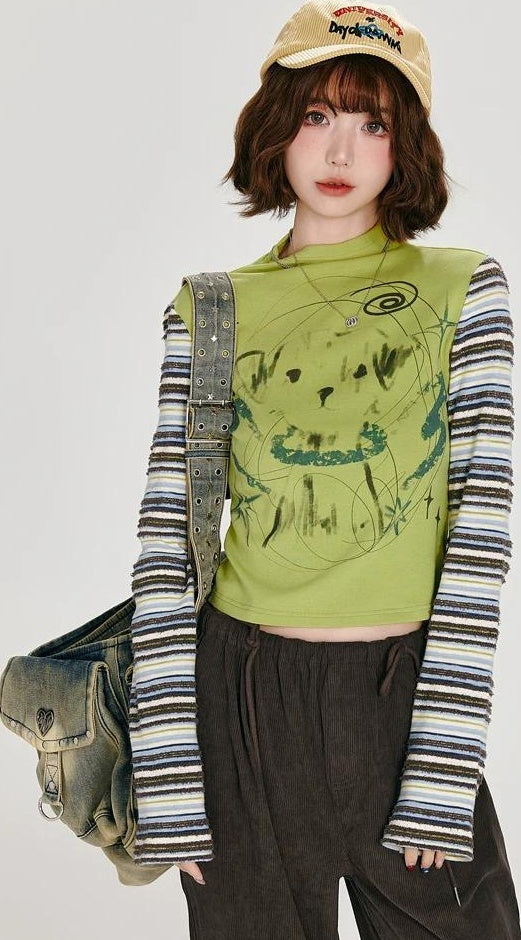 Girlyhalo |  RETRO STRIPED LONG-SLEEVE TOP【ID:TN00007】
