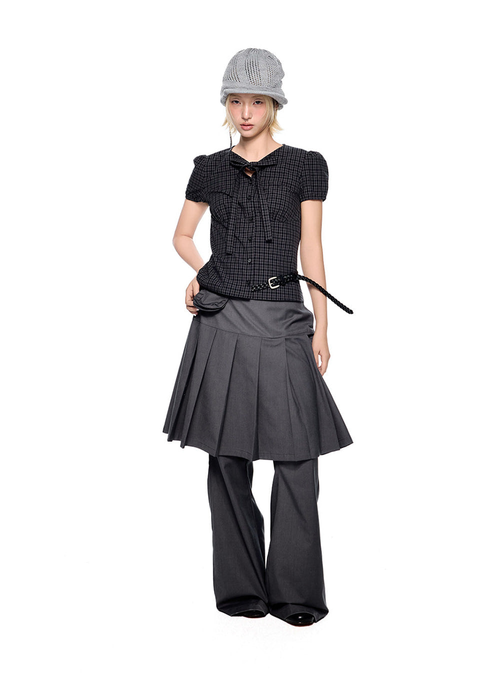Ribbon Check Puff Blouse Top