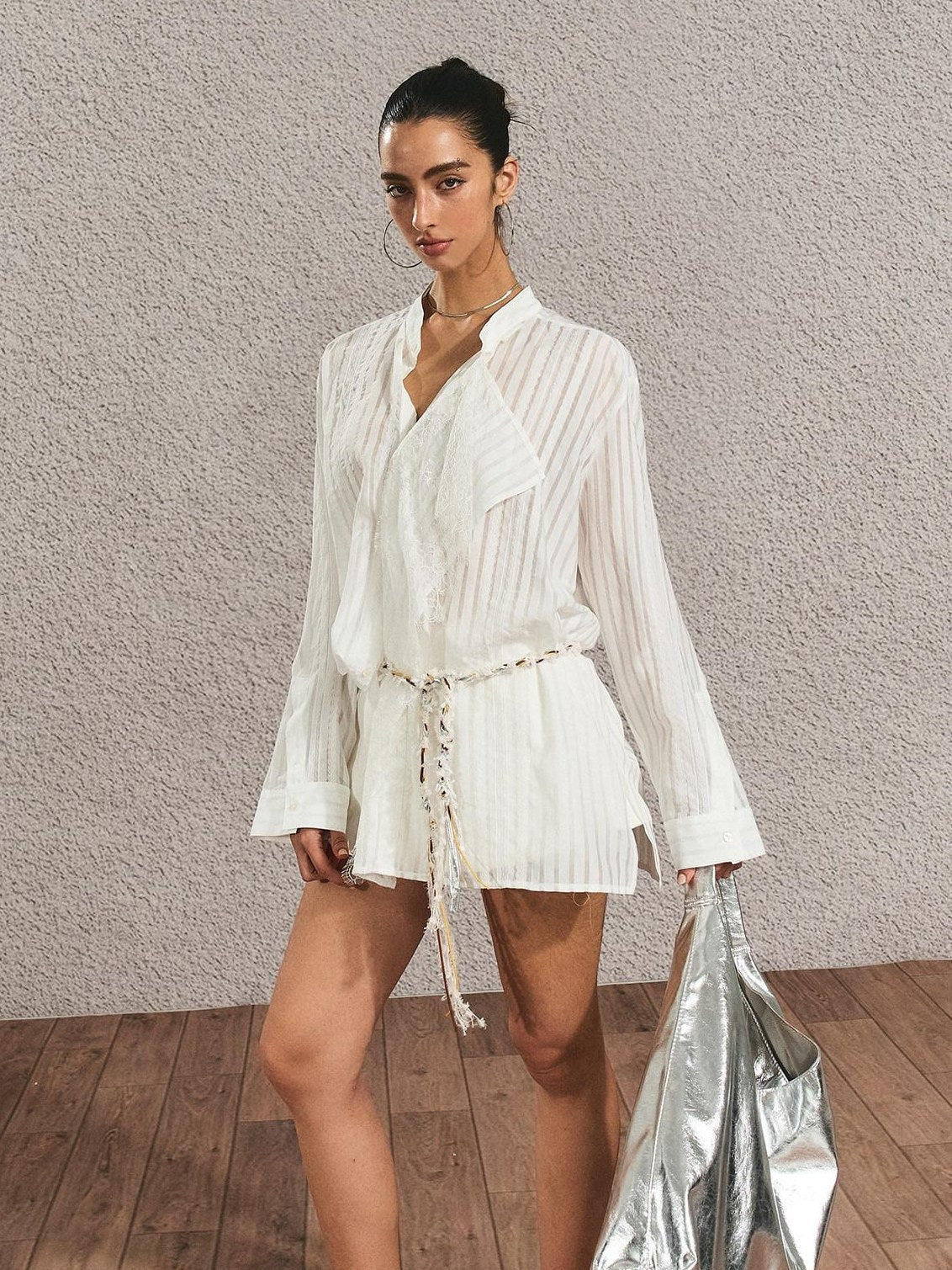 Breathable French Slim Button Stripe Open Cardigan Waist Tie Women Shirts